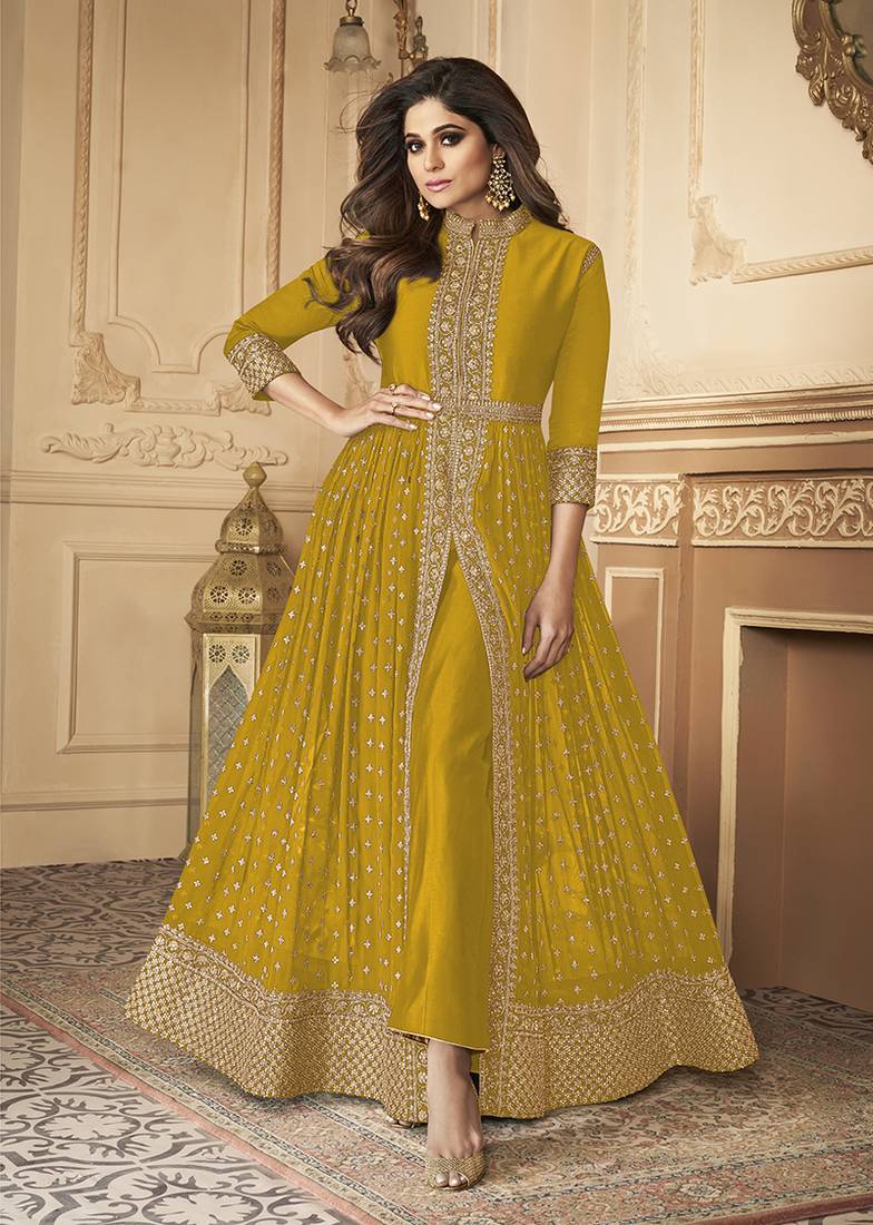 Mustard color georgette embroidered semi stitched salwar kameez