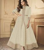 Beige color georgette embroidered semi stitched salwar kameez