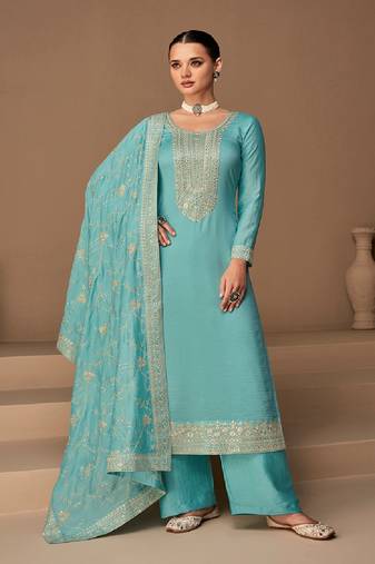 Sky Blue Embroidered Silk Blend Unstitched Salwar Kameez