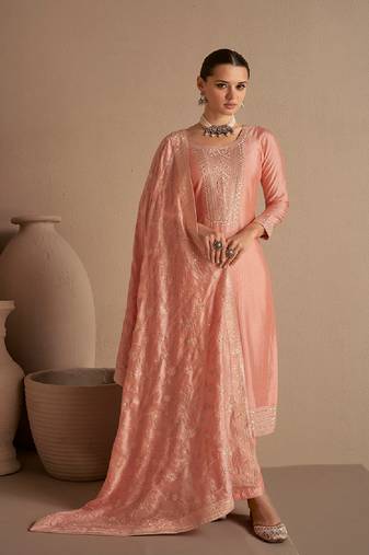 Peach Silk Blend Embroidered Unstitched Salwar Kameez