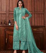 Turquoise color embroidered soft net semi stitched designer salwar suit