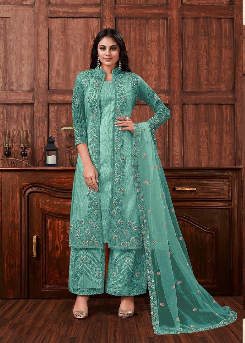 Turquoise color embroidered soft net semi stitched designer salwar suit