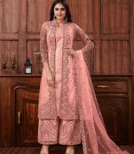 Peach color embroidered soft net semi stitched designer salwar suit