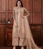 Chikoo color embroidered soft net semi stitched designer salwar suit