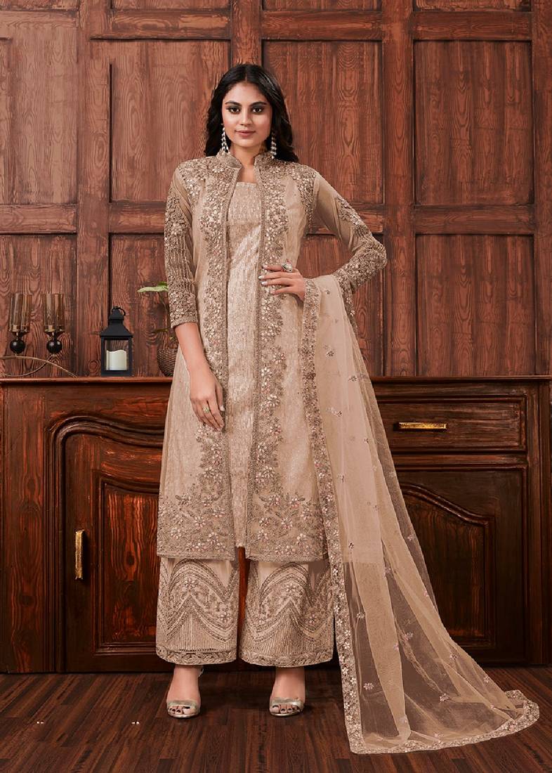 Chikoo color embroidered soft net semi stitched designer salwar suit