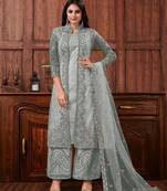 Grey color embroidered soft net semi stitched designer salwar suit