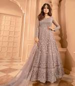 Mauve color soft net embroidered semistitched anarkali suit