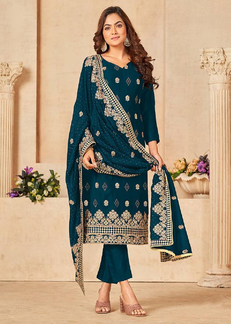 Navy blue color maheshwari silk semi stitched embroidered salwar suit