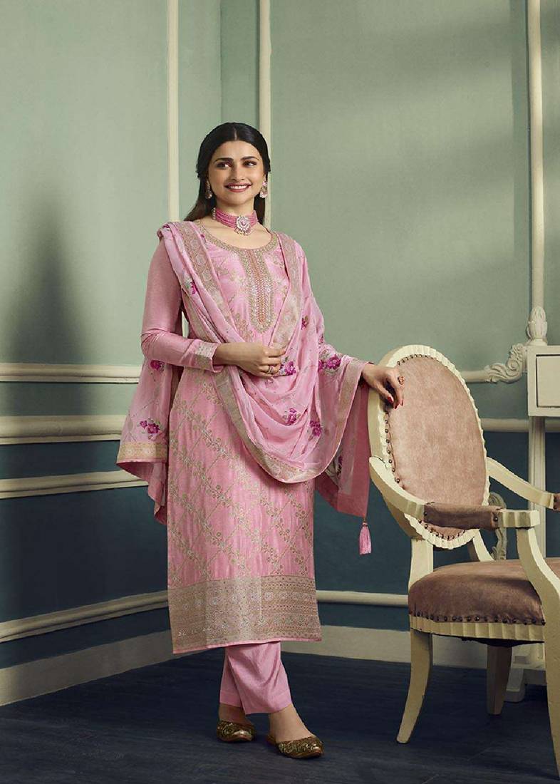 Baby pink color viscose jaquard embroidered semi stitched salwar suit
