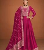 Magenta color pure silk embroidered stitched anarkali suit