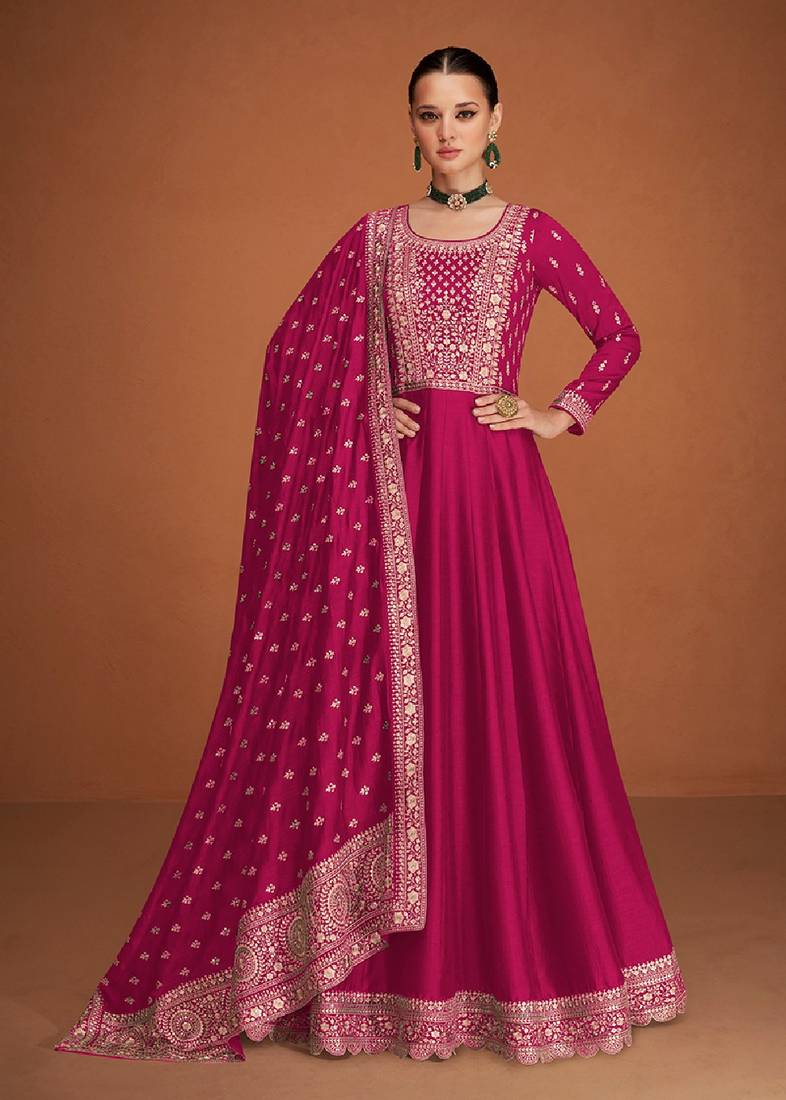Magenta color pure silk embroidered stitched anarkali suit