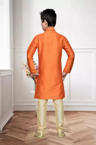 Orange Art Silk Kids Kurta Pyjama For Boys