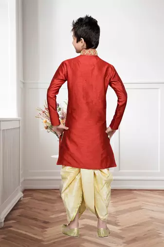Maroon Art Silk Kids Kurta Pyjama For Boys
