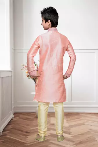 Pink Art Silk Kids Kurta Pyjama For Boys