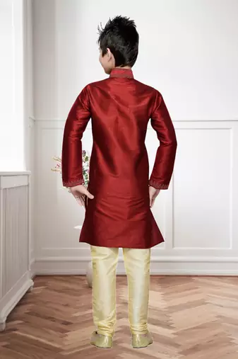Maroon Art Silk Kids Kurta Pyjama For Boys