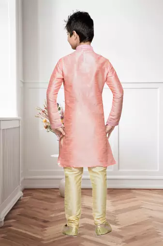 Pink Art Silk Kids Kurta Pyjama For Boys