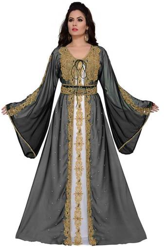 Grey-White HandCrafted Zari & Stone work stitched Georgette Kaftan Party dress
