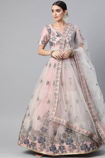 GREY THREAD SEQUINCE ZARI & DORI EMBROIDERED NET DESIGNER BRIDAL WEDDING & PARTY WEAR FESTIVAL SEMI STITCHED LEHENGA