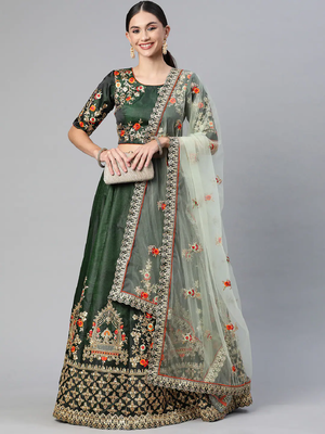 DARK GREEN THREAD ZARI & DORI EMBROIDERED TAFETA SATIN SILK DESIGNER WEDDING & PARTY WEAR FESTIVAL SEMI STITCHED LEHENGA 1