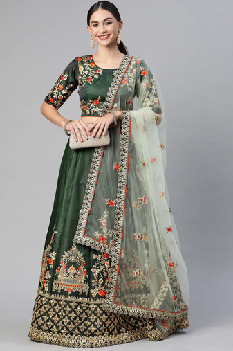 DARK GREEN THREAD ZARI & DORI EMBROIDERED TAFETA SATIN SILK DESIGNER WEDDING & PARTY WEAR FESTIVAL SEMI STITCHED LEHENGA