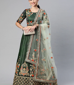 DARK GREEN THREAD ZARI & DORI EMBROIDERED TAFETA SATIN SILK DESIGNER WEDDING & PARTY WEAR FESTIVAL SEMI STITCHED LEHENGA