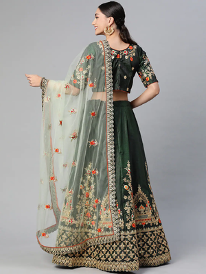 DARK GREEN THREAD ZARI & DORI EMBROIDERED TAFETA SATIN SILK DESIGNER WEDDING & PARTY WEAR FESTIVAL SEMI STITCHED LEHENGA 3