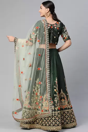 DARK GREEN THREAD ZARI & DORI EMBROIDERED TAFETA SATIN SILK DESIGNER WEDDING & PARTY WEAR FESTIVAL SEMI STITCHED LEHENGA