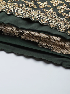 DARK GREEN THREAD ZARI & DORI EMBROIDERED TAFETA SATIN SILK DESIGNER WEDDING & PARTY WEAR FESTIVAL SEMI STITCHED LEHENGA 4