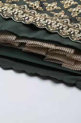 DARK GREEN THREAD ZARI & DORI EMBROIDERED TAFETA SATIN SILK DESIGNER WEDDING & PARTY WEAR FESTIVAL SEMI STITCHED LEHENGA