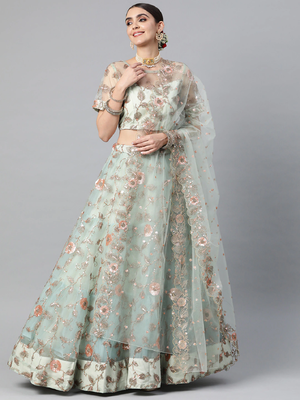 SKY BLUE SEQUINCE ZARI & DORI EMBROIDERED NET DESIGNER BRIDAL WEDDING & PARTY WEAR FESTIVAL SEMI STITCHED LEHENGA 1