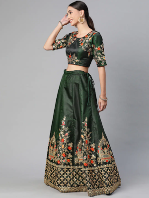DARK GREEN THREAD ZARI & DORI EMBROIDERED TAFETA SATIN SILK DESIGNER WEDDING & PARTY WEAR FESTIVAL SEMI STITCHED LEHENGA 5