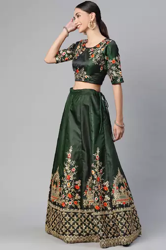 DARK GREEN THREAD ZARI & DORI EMBROIDERED TAFETA SATIN SILK DESIGNER WEDDING & PARTY WEAR FESTIVAL SEMI STITCHED LEHENGA