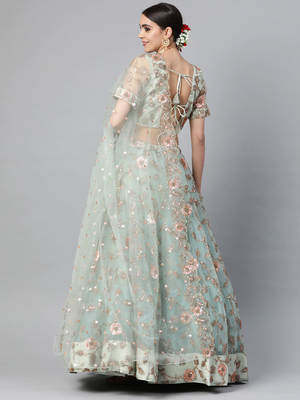 SKY BLUE SEQUINCE ZARI & DORI EMBROIDERED NET DESIGNER BRIDAL WEDDING & PARTY WEAR FESTIVAL SEMI STITCHED LEHENGA 4