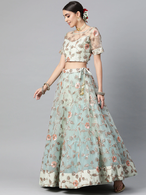 SKY BLUE SEQUINCE ZARI & DORI EMBROIDERED NET DESIGNER BRIDAL WEDDING & PARTY WEAR FESTIVAL SEMI STITCHED LEHENGA 5
