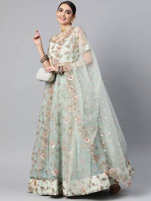 SKY BLUE SEQUINCE ZARI & DORI EMBROIDERED NET DESIGNER BRIDAL WEDDING & PARTY WEAR FESTIVAL SEMI STITCHED LEHENGA 6