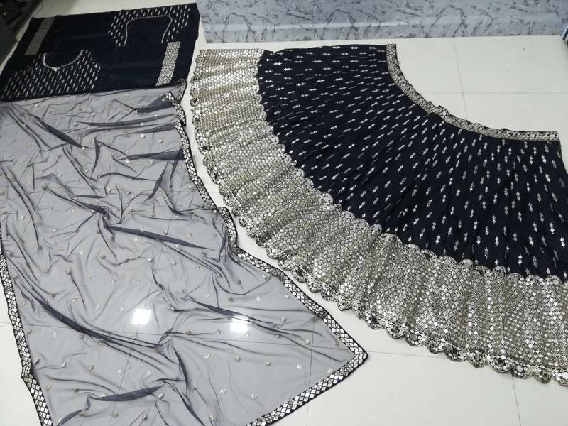 Glamorous Navy blue Zari and Sequins embroidered Dola silk semi stitched lehenga choli for wedding