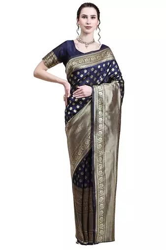 Nevy Blue Floral silk Blend Banarasi Saree