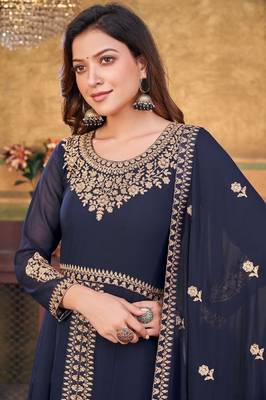 Blue Color Designer Georgette Slit Anarkali Dresses Engagement Ceremony Wear Heavy Embroidery Handmade Salwar Suits 2