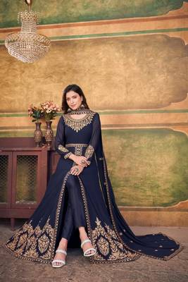 Blue Color Designer Georgette Slit Anarkali Dresses Engagement Ceremony Wear Heavy Embroidery Handmade Salwar Suits 1