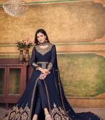 Blue Color Designer Georgette Slit Anarkali Dresses Engagement Ceremony Wear Heavy Embroidery Handmade Salwar Suits