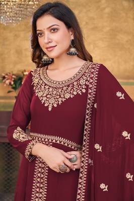 Red Color Designer Georgette Slit Anarkali Dresses Engagement Ceremony Wear Heavy Embroidery Handmade Salwar Suits 1