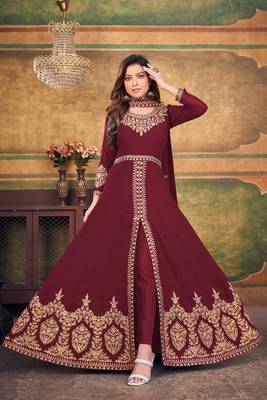 Red Color Designer Georgette Slit Anarkali Dresses Engagement Ceremony Wear Heavy Embroidery Handmade Salwar Suits 2