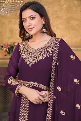 Purple Color Designer Georgette Slit Anarkali Dresses Engagement Ceremony Wear Heavy Embroidery Handmade Salwar Suits 2