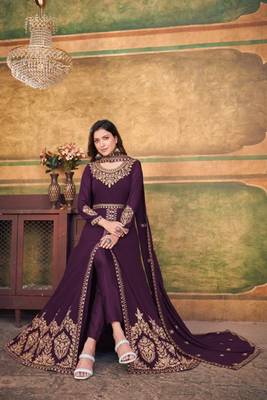 Purple Color Designer Georgette Slit Anarkali Dresses Engagement Ceremony Wear Heavy Embroidery Handmade Salwar Suits 1