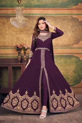 Purple Color Designer Georgette Slit Anarkali Dresses Engagement Ceremony Wear Heavy Embroidery Handmade Salwar Suits 3