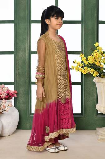 Gold embroidered net a line kids salwar suits
