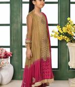 Gold embroidered net a line kids salwar suits