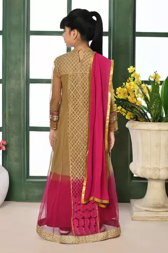Gold embroidered net a line kids salwar suits