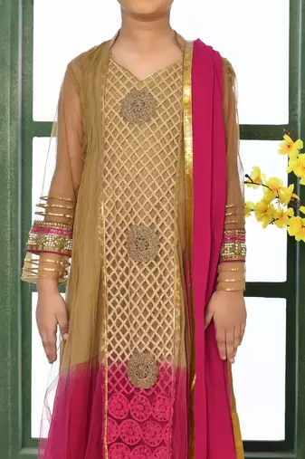 Gold embroidered net a line kids salwar suits