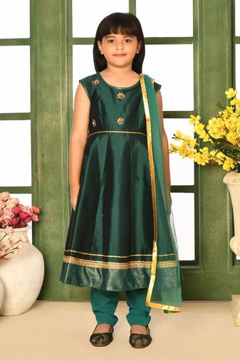 Green woven taffeta a line kids salwar suits